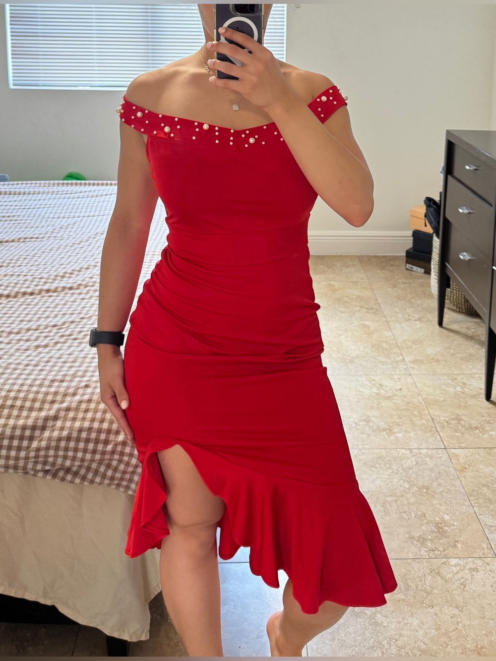 Red Off-Shoulder Ruffle Hem Dress CHICME Dress with Pearl Details Size S
